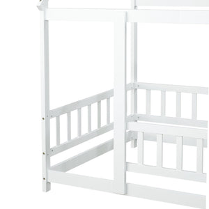 English Elm Twin House Bed Floor Frame Solid Rubberwood Guardrails Playhouse Nook for Kids W504P470124