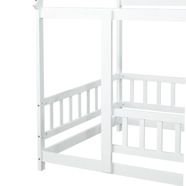 English Elm Twin House Bed Floor Frame Solid Rubberwood Guardrails Playhouse Nook for Kids W504P470124