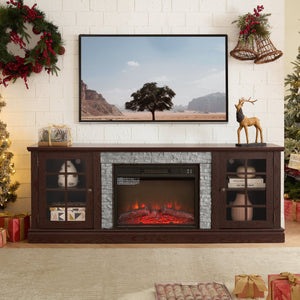 English Elm 70" Modern TV Stand with 23" Electric Fireplace, Faux Stone Mantel, Ample Storage & Cable Management Cherry W2275S00023