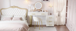 English Elm Velvet Upholstered Vanity Desk Set with Marble-Look Top, Padded Chair, 5 Spacious Drawers & Gold Accents Beige 17.5 L x 16.3 W x 16.1 H N733S272606A