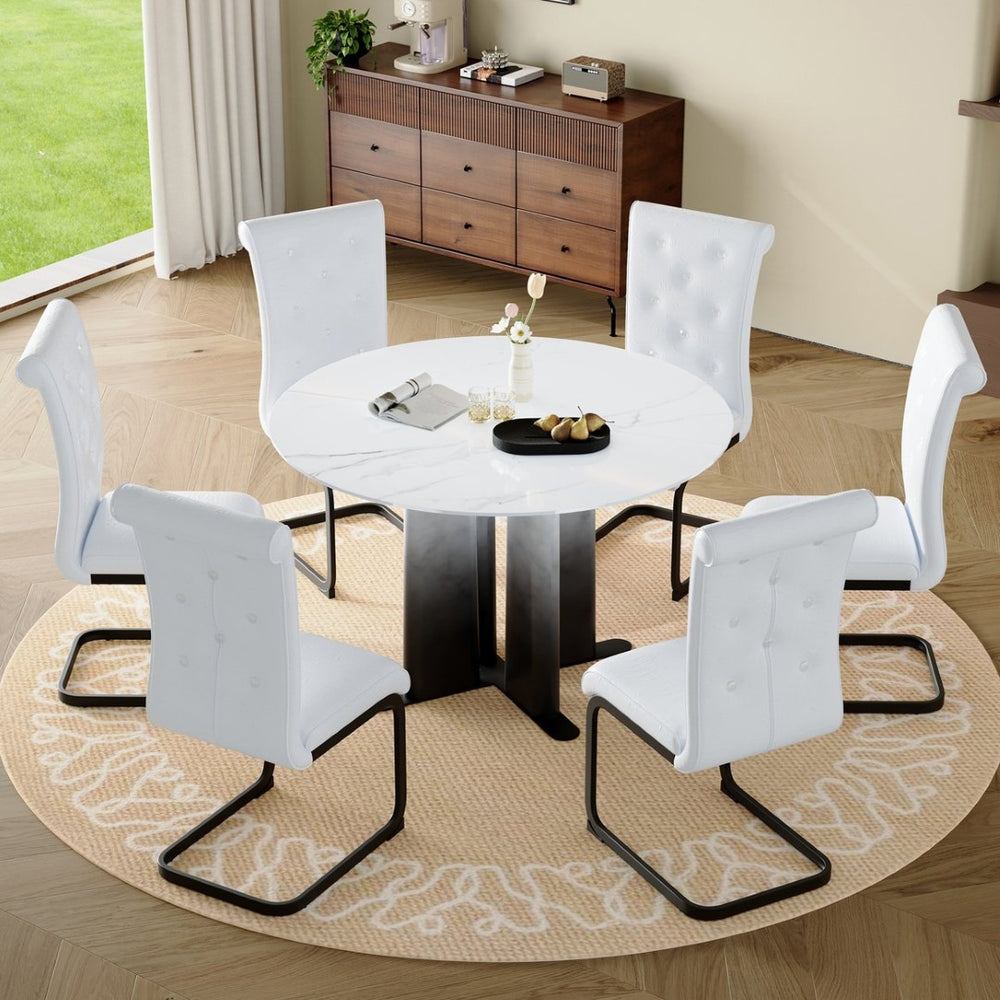 English Elm Modern Round Faux Marble Dining Set Seats Six with Tufted Pvc Chairs Metal Base W3875S00069