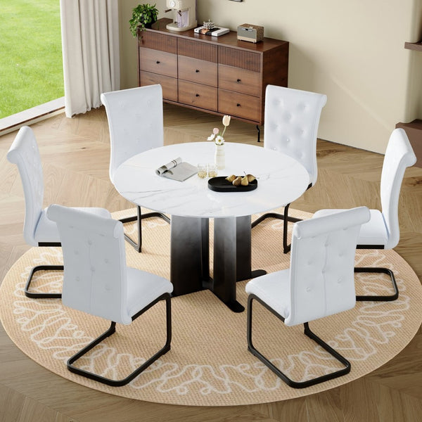 English Elm Modern Round Faux Marble Dining Set Seats Six with Tufted Pvc Chairs Metal Base W3875S00069