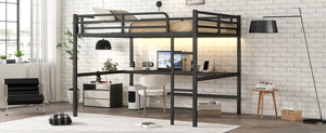 English Elm Metal Queen Loft Bed With Integrated Desk, Power Outlet & Led Lights - Space-Saving Black Design W1580S00107