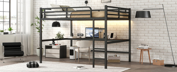 English Elm Metal Queen Loft Bed With Integrated Desk, Power Outlet & Led Lights - Space-Saving Black Design W1580S00107
