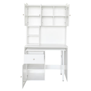 English Elm Computer Desk with Glass Doors, Hutch & Drawer Storage, Rotating 90° Desktop and Spacious Work Surface White W331S00194