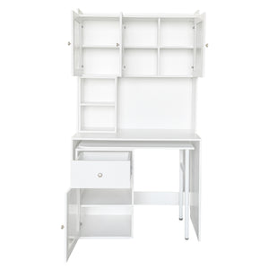 English Elm Computer Desk with Glass Doors and Hutch, Spacious 4-Cabinet Storage, Drawer & Rotating Top White W331S00194