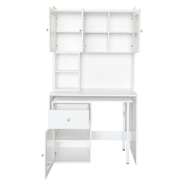 English Elm Computer Desk with Glass Doors and Hutch, Spacious 4-Cabinet Storage, Drawer & Rotating Top White W331S00194