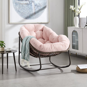 English Elm Outdoor Rattan Oversized Egg Rocking Chair with Velvet Padded Cushion, Hand‑Woven Patio Recliner Seat Pink W640P271524