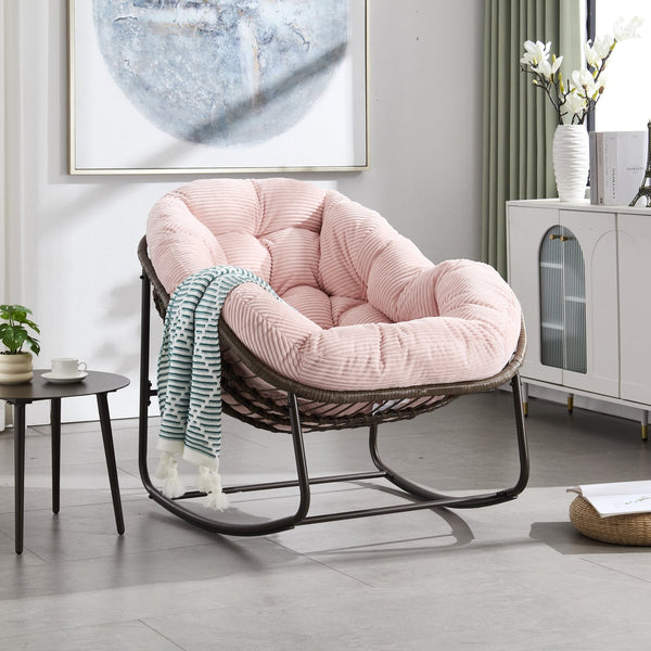 English Elm Outdoor Rattan Oversized Egg Rocking Chair with Velvet Padded Cushion, Hand‑Woven Patio Recliner Seat Pink W640P271524