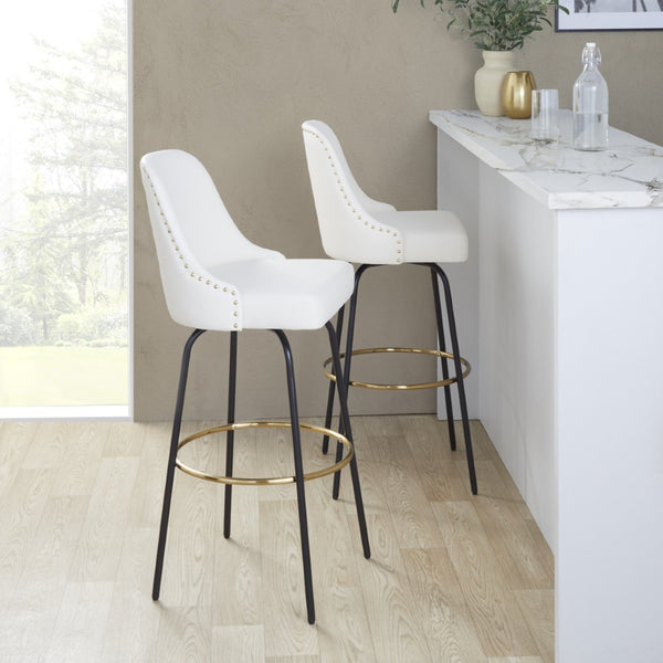 English Elm 30" Swivel Barstools Set of 2 Gold Frame White Faux Leather Kitchen Island Seating B202S01946