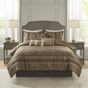 English Elm 7 Piece Jacquard Comforter Set In Rich Brown And Gold – Plush Textures, Decorative Pillows, Queen Size B03597000