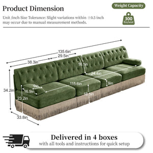 English Elm 135" Modular Chesterfield Sectional Sofa Velvet Tufted Tassel Skirt Lounge Seating Green W714S01710