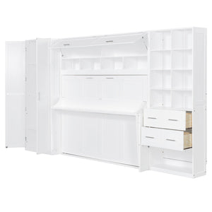 English Elm Full Size Murphy Wall Bed with Wardrobe Drawers Shelving for Studio Apartments LP000383AAK