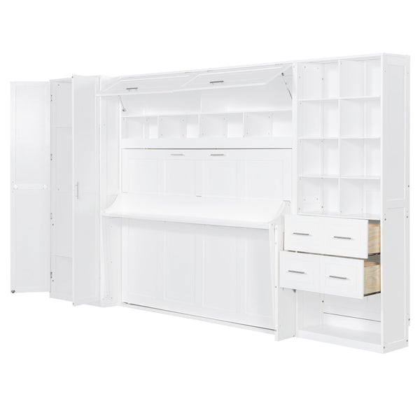 English Elm Full Size Murphy Wall Bed with Wardrobe Drawers Shelving for Studio Apartments LP000383AAK