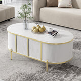 English Elm Modern Luxury Oval Shaped Fluted Coffee Table, Marble-Patterned Top Coffee Table With 2 Cabinets, Metal Legs and Handles For Living Room, White (Date Of Expected Arrival: 11.20)