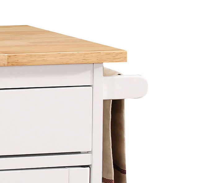 English Elm Tullarick Natural Wooden Top Kitchen Cart with White Finish, Locking Casters, 2 Doors, 2 Drawers, Spice Rack B2726P272328