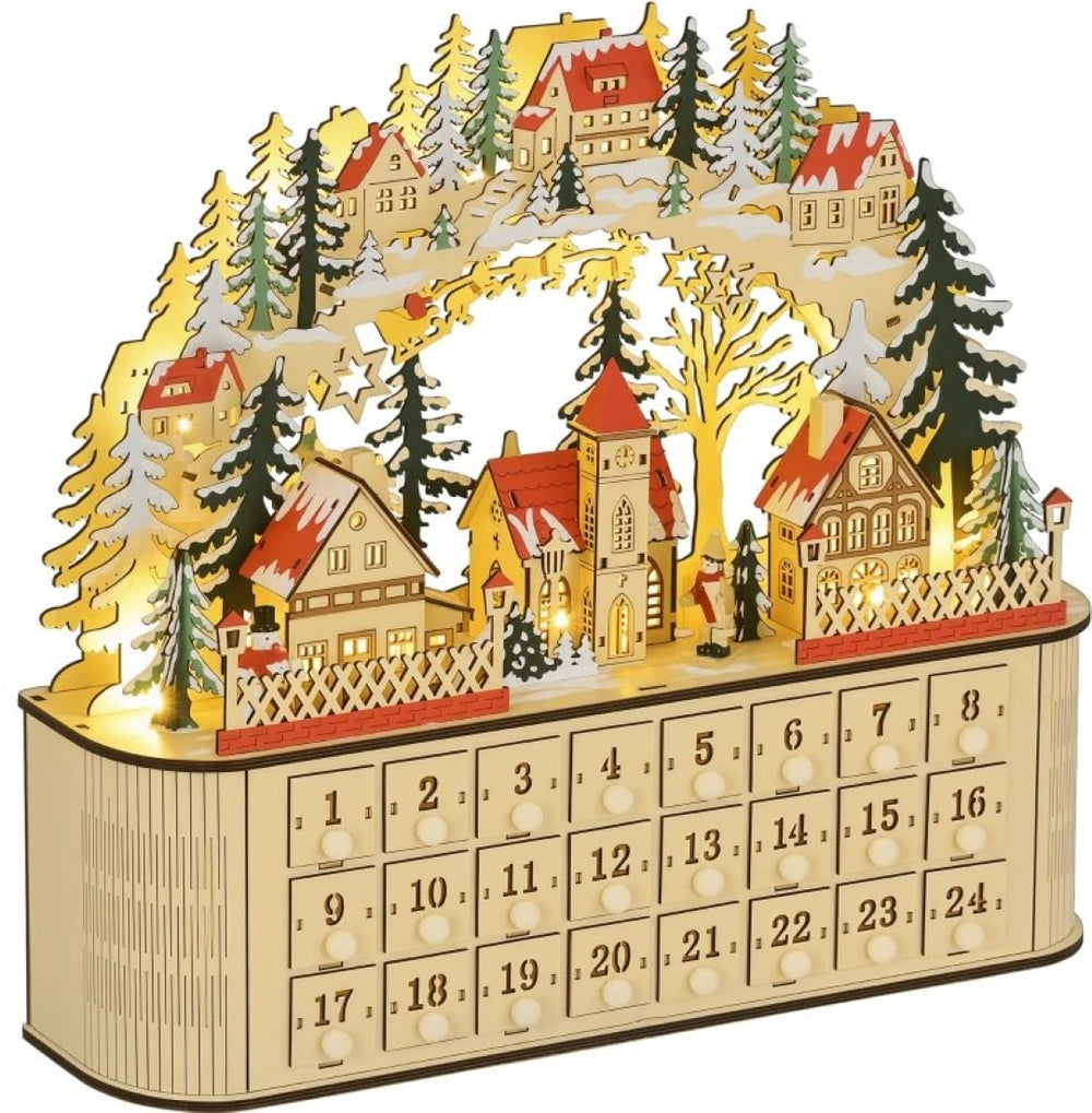 English Elm Light up Wooden Advent Calendar Village with 24 Drawers and Led Glow for Holiday Decor T3971P414382