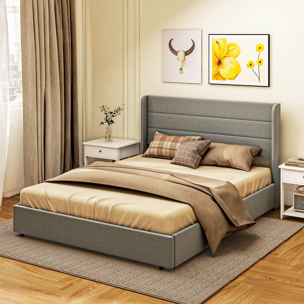 English Elm HOMCOM LED Platform Queen Bed Frame with USB-C Charging Station, 3-Tier Shelf, Noise-Free Support Light Gray W2225P249914