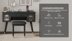 English Elm Elegant Vanity Makeup Table with Charging Station & Carved Glass Door, Sturdy Stool Included Black N844P285188B