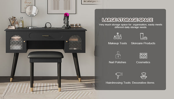 English Elm Elegant Vanity Makeup Table with Charging Station & Carved Glass Door, Sturdy Stool Included Black N844P285188B