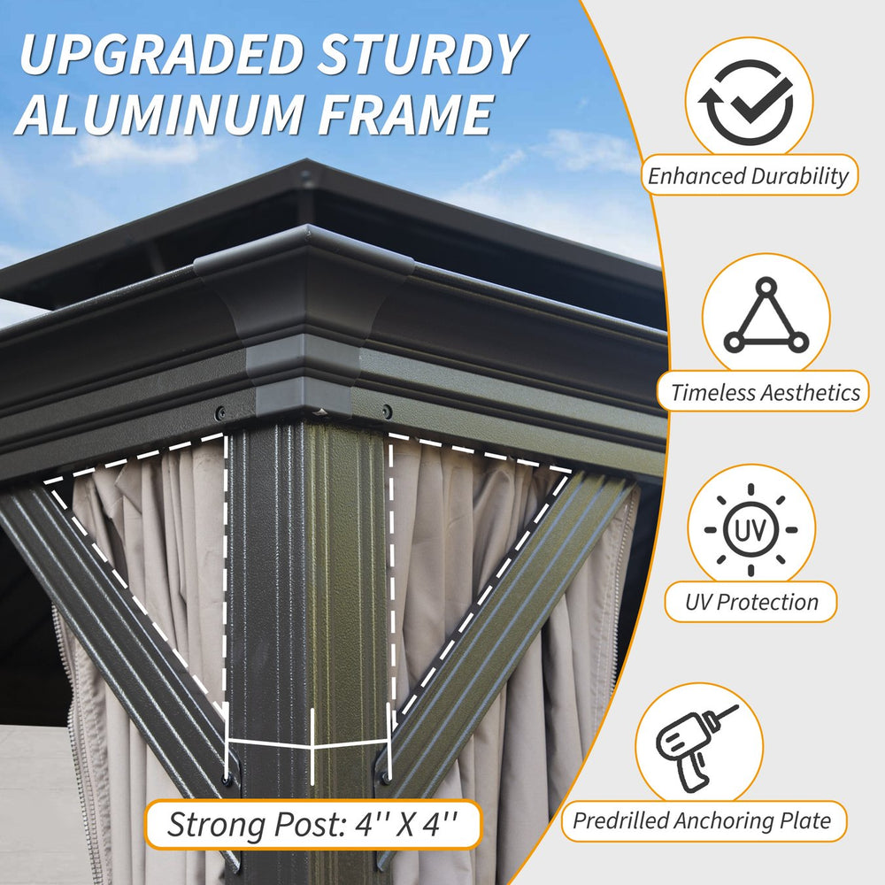 English Elm 10' X 14' Hardtop Gazebo - Durable Metal Shelter With Drainage, Curtains, And Insect Netting For Outdoor Fun W1859S00136
