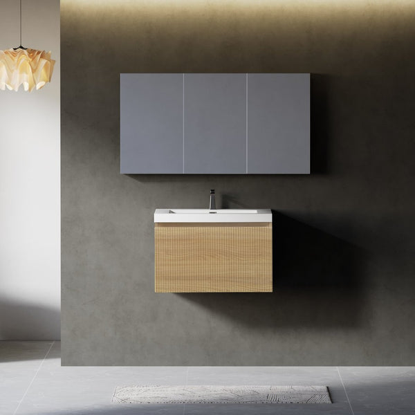 English Elm 24'' Wall Mount Bathroom Vanity Fluted Smoked Walnut Soft Close Drawer Quartz Basin W1920P385431