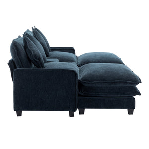 English Elm 111" Sectional Sofa Chenille Upholstered with Removable Ottoman, USB Ports, Cup Holders & Storage Box Blue N719S001480C