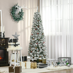 English Elm Homcom 6' Slim Snow Flocked Christmas Tree With 600 Realistic Pine Branches, Pine Cones & Berries W2225P229522