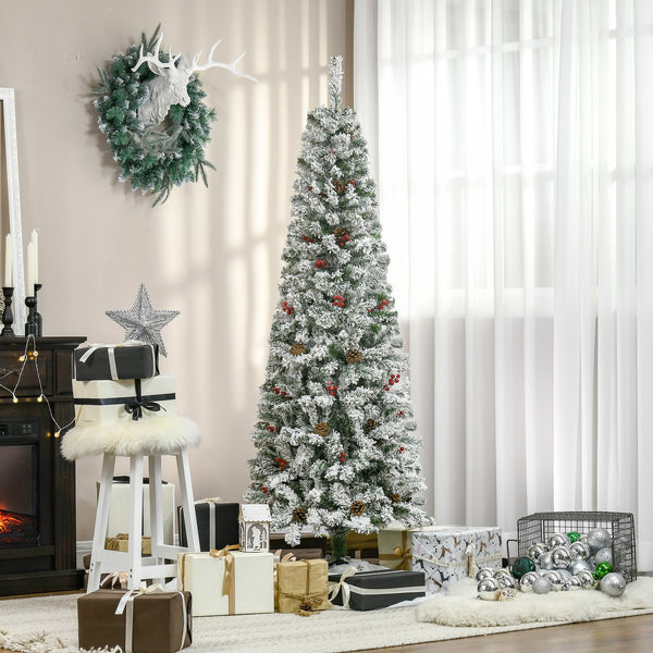 English Elm Homcom 6' Slim Snow Flocked Christmas Tree With 600 Realistic Pine Branches, Pine Cones & Berries W2225P229522