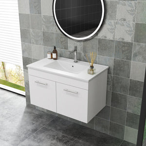 English Elm 32-Inch Wall-Mounted Bathroom Vanity With Ceramic Sink, Soft-Close Doors & Modern Glossy Finish W3151S00026