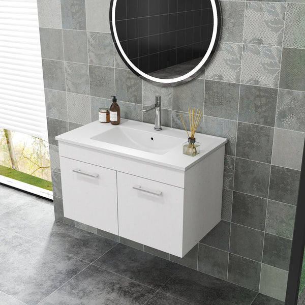 English Elm 32-Inch Wall-Mounted Bathroom Vanity With Ceramic Sink, Soft-Close Doors & Modern Glossy Finish W3151S00026