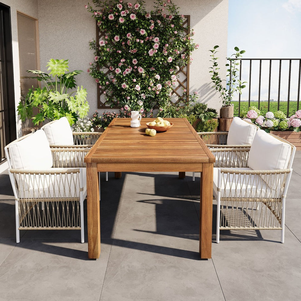 English Elm Topmax Outdoor Acacia Wood Dining Set with Wicker Arm Chairs for Patio Garden SP100032AAN