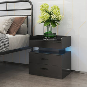 English Elm 1 Set Led Strip Nightstand with 2 Drawers Open Shelf Contemporary Bedside Storage Black W578P462506