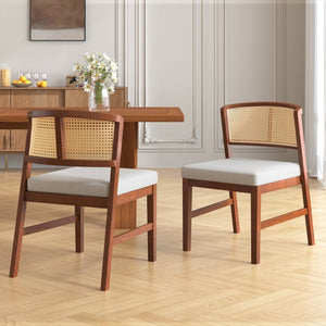 English Elm Rattan Back Armless Dining Chairs Upholstered Seat Rubberwood Frame Kitchen Set of 2 Walnut N842P400687W