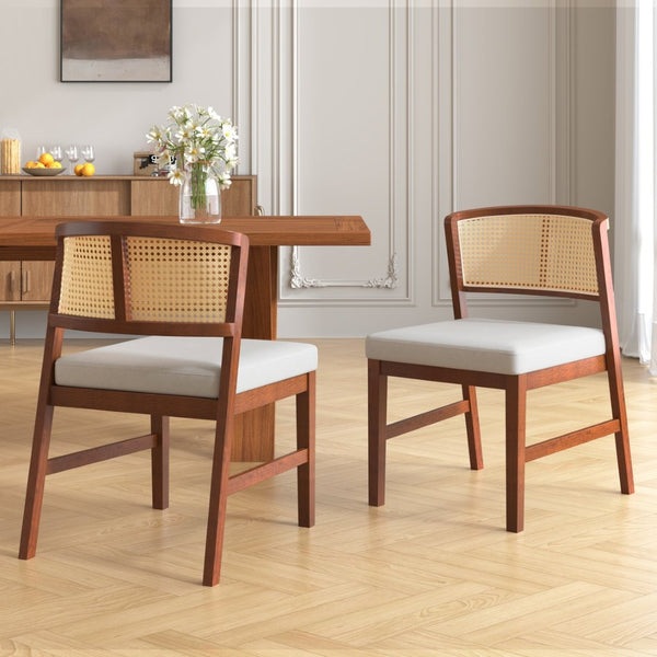 English Elm Rattan Back Armless Dining Chairs Upholstered Seat Rubberwood Frame Kitchen Set of 2 Walnut N842P400687W