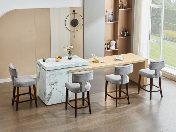 English Elm Mid Century Modern Counter Height Bar Stools Set of 2 with Curved Copper-Stud Back, Foam Spring Cushion, Walnut Legs and Adjustable Balance Studs Gray W1143P296348