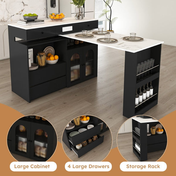 English Elm Kitchen Island Dining Set Marble Veneer Rotating Top Solid Wood Chairs Retro Modern White W2700S00121