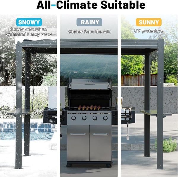 English Elm 8x5 Outdoor Hardtop Louvered Pergola Steel Grill Shelter with Gutter and Adjustable Roof Gray W1859S00176