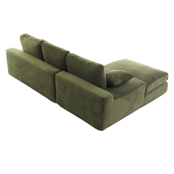English Elm Green corduroy compressed sofa with 3 back cushions & 2 throw pillows — soft, resilient, space-saving comfort W3612S00016