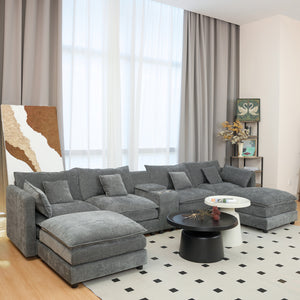 English Elm U Shaped Sectional Cloud Couch for Living Room 144" Plush Modular Sofa with Ottoman Storage Console Cupholders Grey W3276S00012