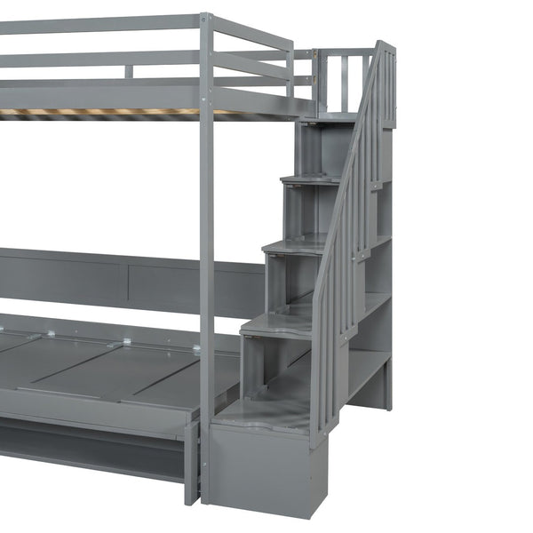English Elm Full Over Murphy Bunk Bed with Hydraulic Lift Desk and Staircase Storage Gray LP200698AAE