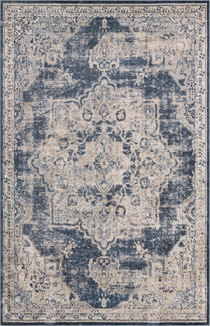 Unique Loom Chateau Roosevelt Machine Made Border Rug Navy Blue, Beige/Cream/Gray/Ivory 6' 1" x 9' 0"