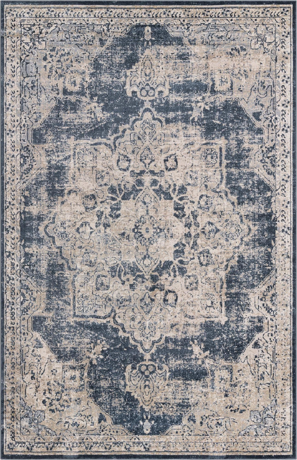 Unique Loom Chateau Roosevelt Machine Made Border Rug Navy Blue, Beige/Cream/Gray/Ivory 6' 1" x 9' 0"