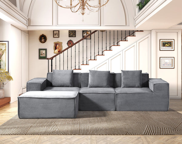 English Elm CozyForm Corduroy Convertible Sectional Sofa with Ottoman and Pillows, Modular L‑Shape Sleeper Comfort Dark Gray B2735S00033