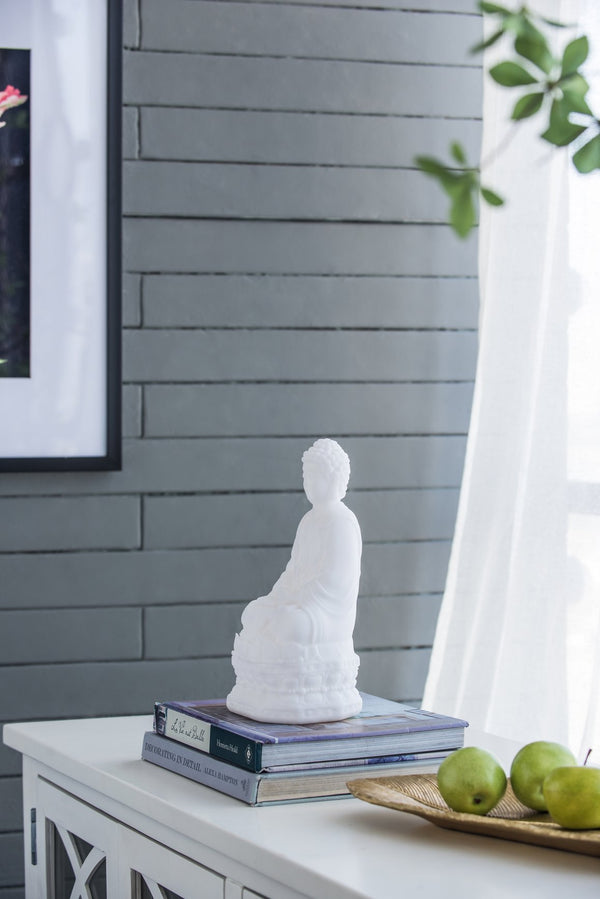 English Elm 5.5x4.7x11.8" White Sitting Buddha Figure – Resin Teak-Ready Decor for Global Style, Adds Height & Neutral Elegance W2078P360877