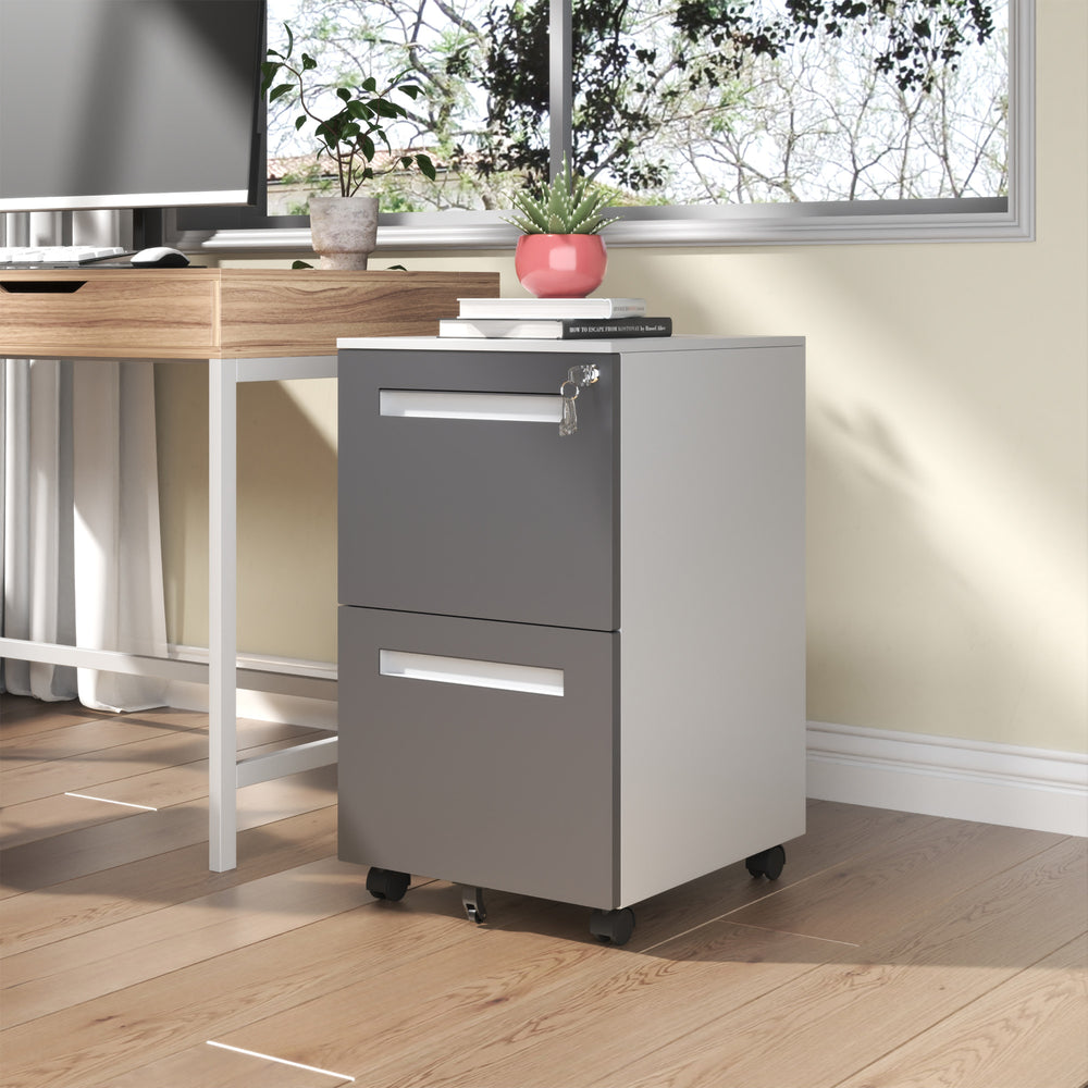 English Elm 2-Drawer Mobile File Cabinet with Lock, Heavy-Duty Steel, Full-Extension Drawers, 360° Casters, Gray T2398P391278