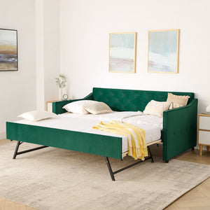 English Elm Twin Linen Tufted Daybed with Pop up Trundle and Usb Port for Guest Rooms Green W1413S00130