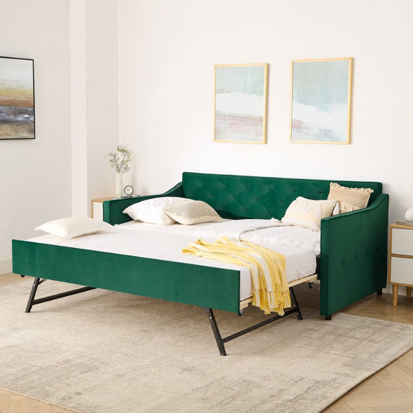 English Elm Twin Linen Tufted Daybed with Pop up Trundle and Usb Port for Guest Rooms Green W1413S00130