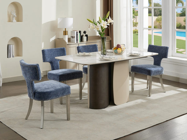 English Elm Mid Century Modern Dining Chairs with Copper Nail Trim, Plush High-Density Foam Seats, Brushed Steel Legs Blue W1143P314901