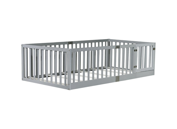 English Elm Twin House Frame Floor Bed Rubberwood with Roof Canopy and Safety Rails for Kids Grey W504P429537